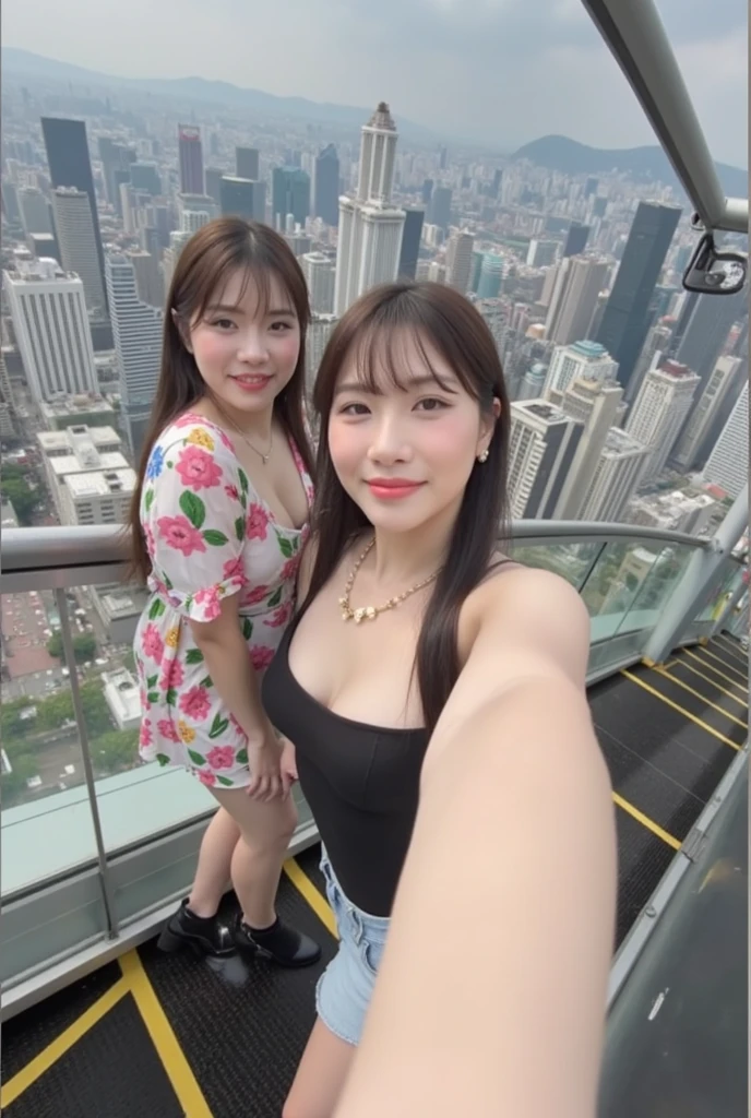 ((Two woman)) (bikini)、fish eye, Self-shot,((Composition looking down from above)) Wind, hair messy, Cityscape, (Aesthetics and atmosphere:1.2),Smiling、Show your teeth and smile、