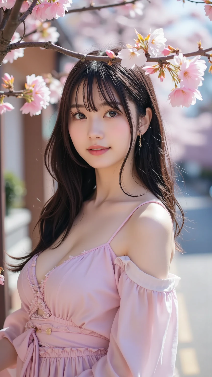 (Photorealistic: 1.2, With the highest quality, in 8K,Wetty:1.3 ), ( 20yr old, hposing Gravure Idol、 Cherry blossom pattern kimono, Sweat: 1.2, Wet:1.3、cleavage of the breast、Colossal tits:1.2、Red hair), Fine skin, (Film Lighting),  Soft light, Double eyelids, ((excited、A sexy、Bust-up shot、pheromone))