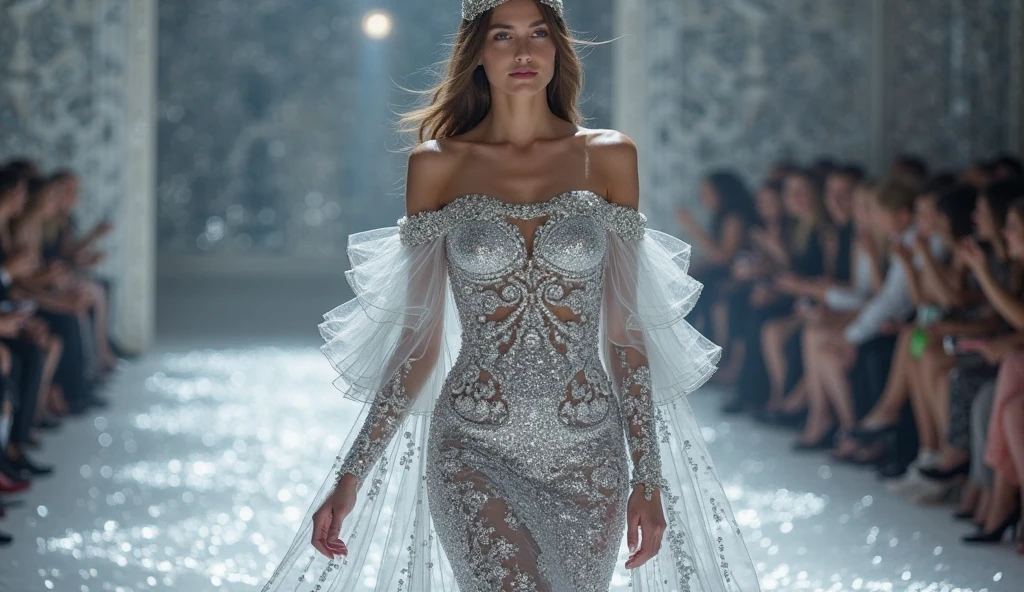 Rihanna "a majestic, Ethereal goddess with voluminous brown hair, americana、Decorated with flowy white wedding dresses, Fly gracefully above the enchanting crowds, Show off your modeling skills on epic catwalks."
