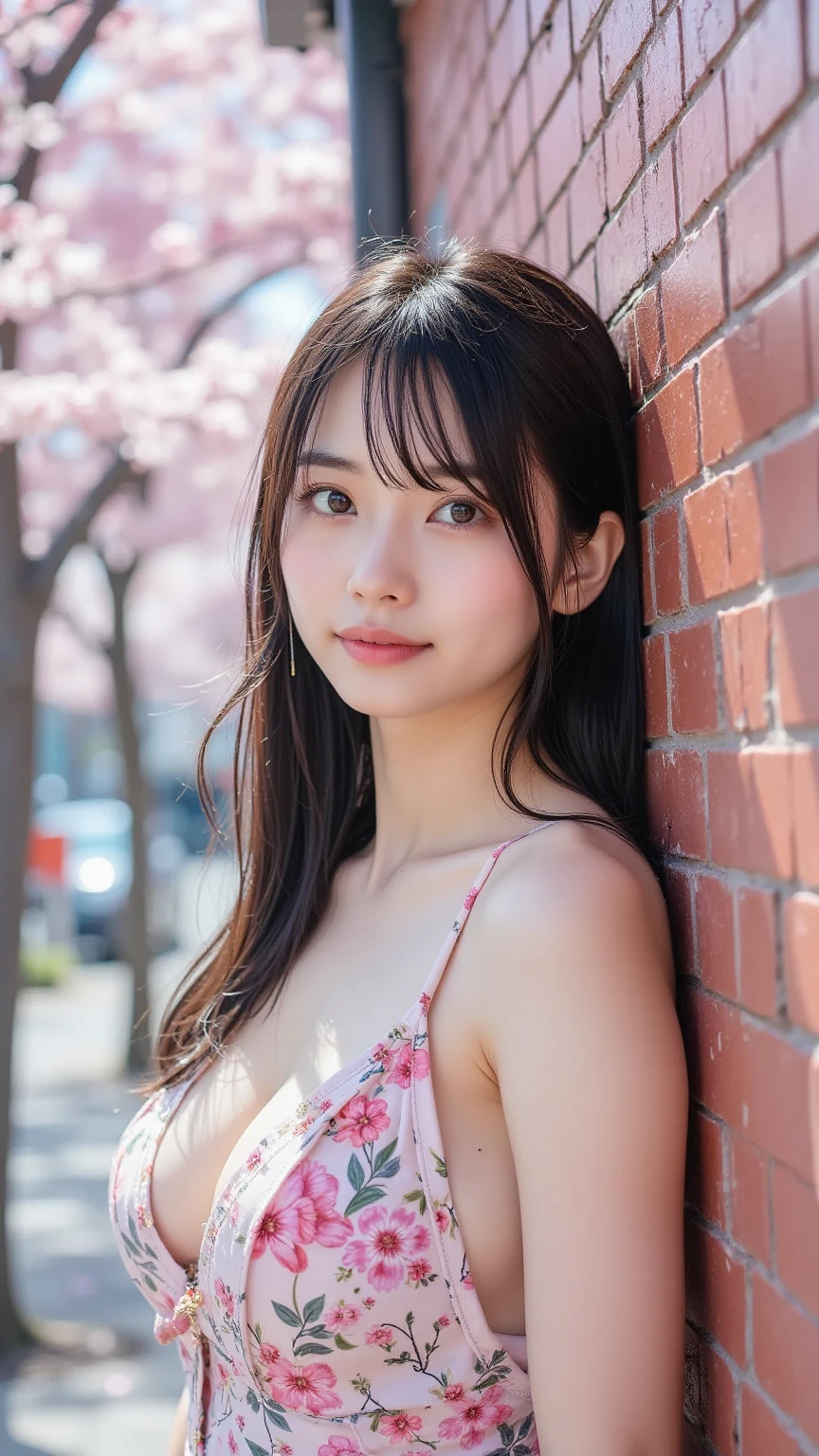 full body portrait One Japanese woman Commemorative photo beautiful glowing skin (Stunningly detailed image quality:1.5). (Very perfect, detailed and beautiful eyes:1.3). (Amazingly very realistic and high quality eyes:1.3) (Extremely high definition and high quality eyes) ((very sharp focus:1.3)) social person very refreshing Very refreshing feeling Chaste (Raw photo, highest quality,realistic, Photoreal,very delicate and beautiful,very detailed, finely,Super detailed, High resolution:1.3), Japanese, woman, (22 years old), viewer'point of view, Amazingly beautiful and shiny straight medium-long hair, see through bang, gentle smile Japanese idol face viewer'point of view Draw poses and angles randomly, (cute:1.3) The background is cherry blossoms sense of depth Front blur
