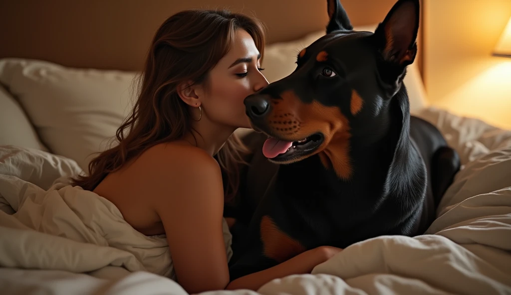 naked woman in bed having sex with dog 
