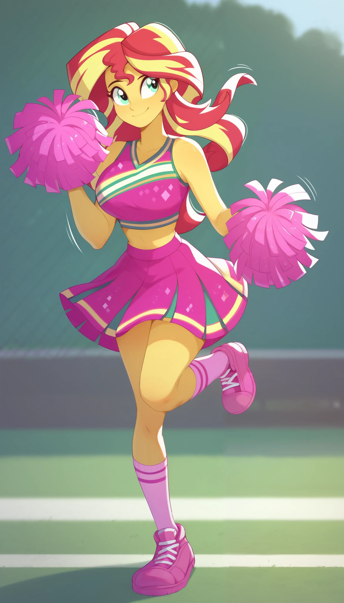 score_9, score_8_up, score_7_up BREAK sunset shimmer, human, equestria girls, g4, , holding pom poms, looking away, smile, motion lines, cheerleader, pink skirt, pink socks, pink footwear, full body view, outdoor, solo