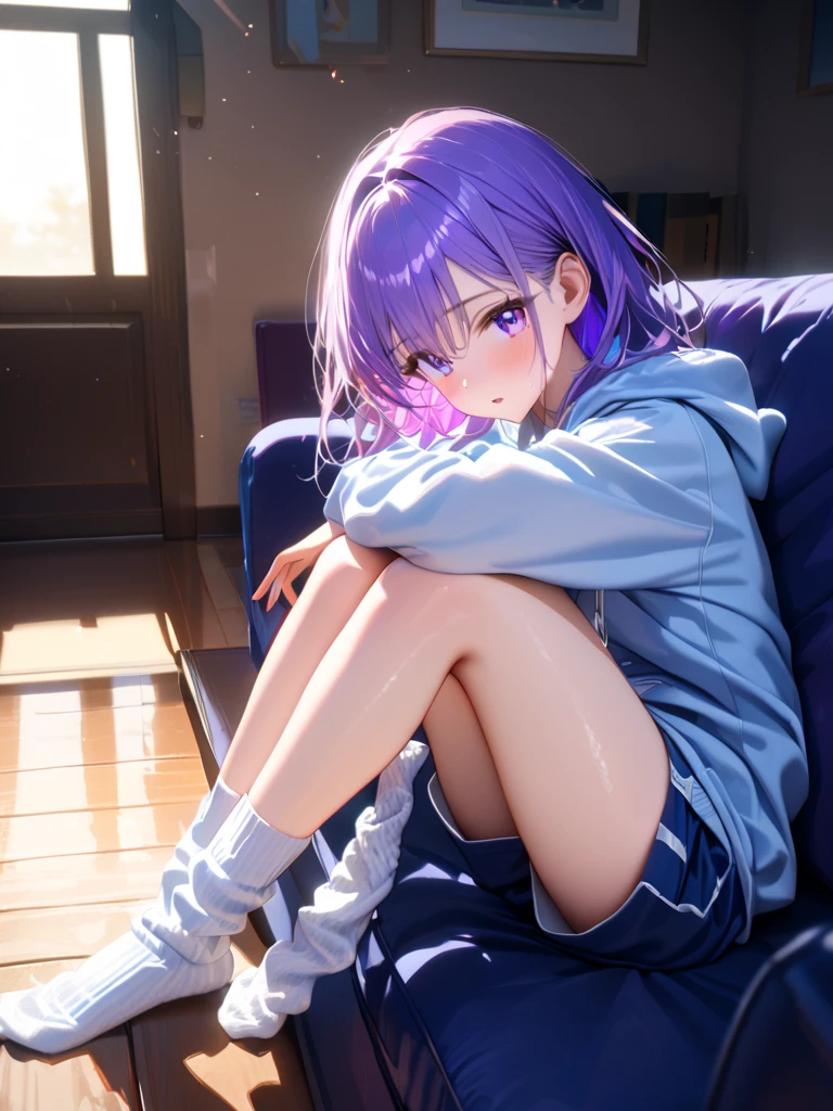 Girl short purple hair at doctor's friend's house playing computer games white shirt super shorts barefoot milk tea on table