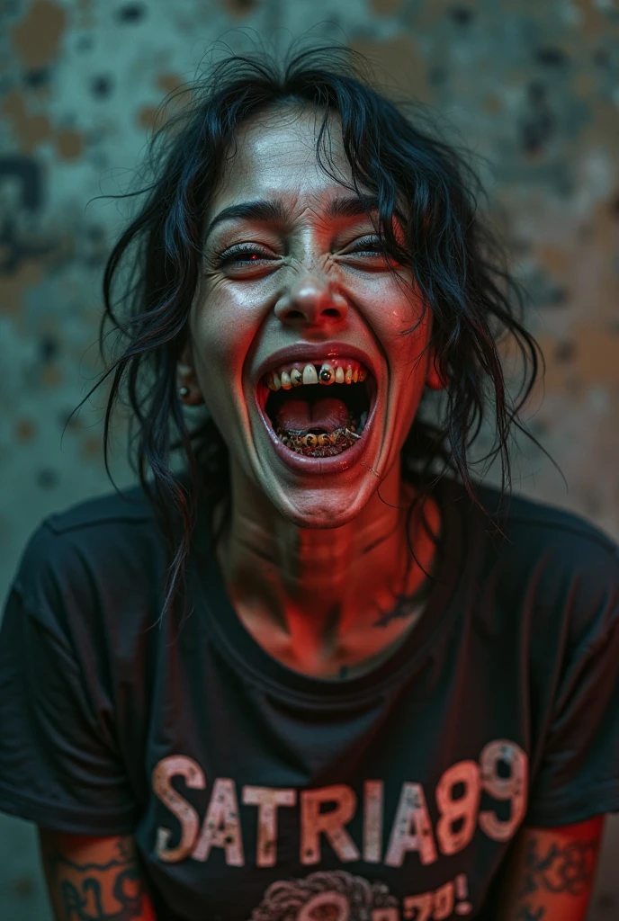 A crack addicted homeless woman,broken teeth in the mouth,tatoos,completely red eyes,t shirt with the inscription: CRACK ZOMBIE,Photoreal,laughs into the camera,you can see rotten broken teeth in her mouth