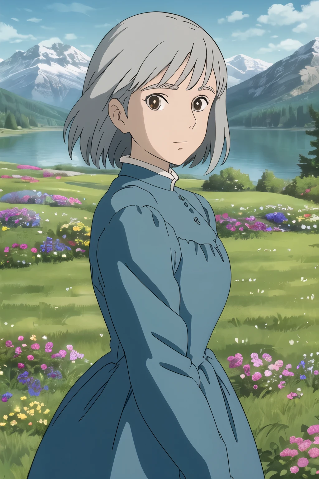upper body, (best quality), (masterpiece), (solo), 1girl, grey hair, brown eyed, medium length hair, blue dress, grass, flowers, lake, trees, mountains, sunny, looking at viewer