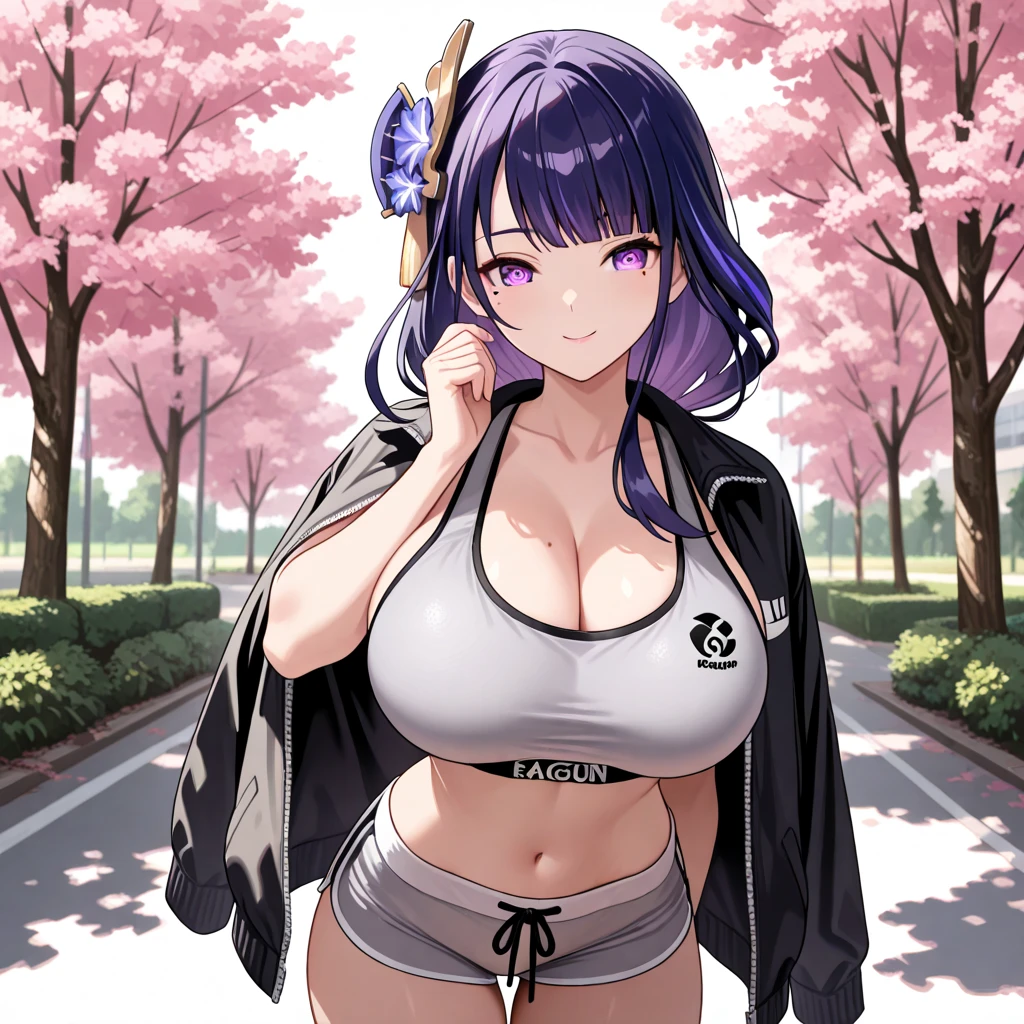 1 Girl,alone, Race Queen, Huge breasts, Cropped jacket, High leg bikini, Micro Shorts,Thigh Boots,, blush, Outdoor, road, Hands on hips, Purple Hair, Hair Clip, A slight frown, Parted lips,Heart Cutout, 1 Girl,, Crotch cutout, Crotchless, No underwear, Pussy,alone ,, Large Breasts, blush,Cleavage,ponytail、
