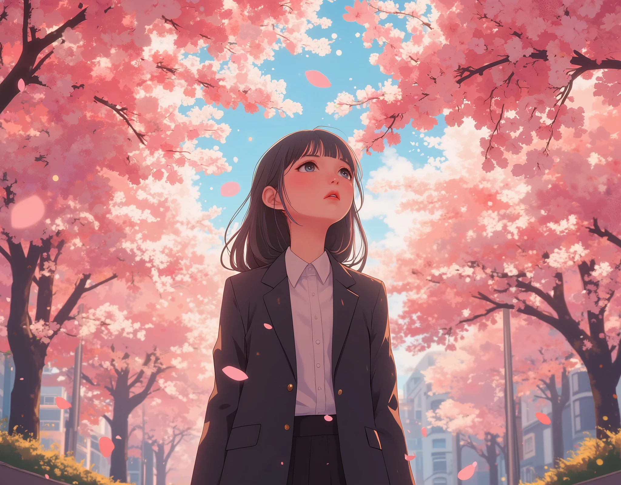 Cherry trees in full bloom々An afternoon in a Japanese city surrounded by,A young woman walking through an urban cityscape,彼女はNew social personです,彼女はnervousした面持ちの表情で空を見上げています,Beautiful cherry blossom petals are scattered as if celebrating his departure,warm sunlight shines through pink flowers、creating a warm anime-style scene,New social person,suit,Hopes and fears,depth of field,full body,modern, calm,nervous, beauty,full body
