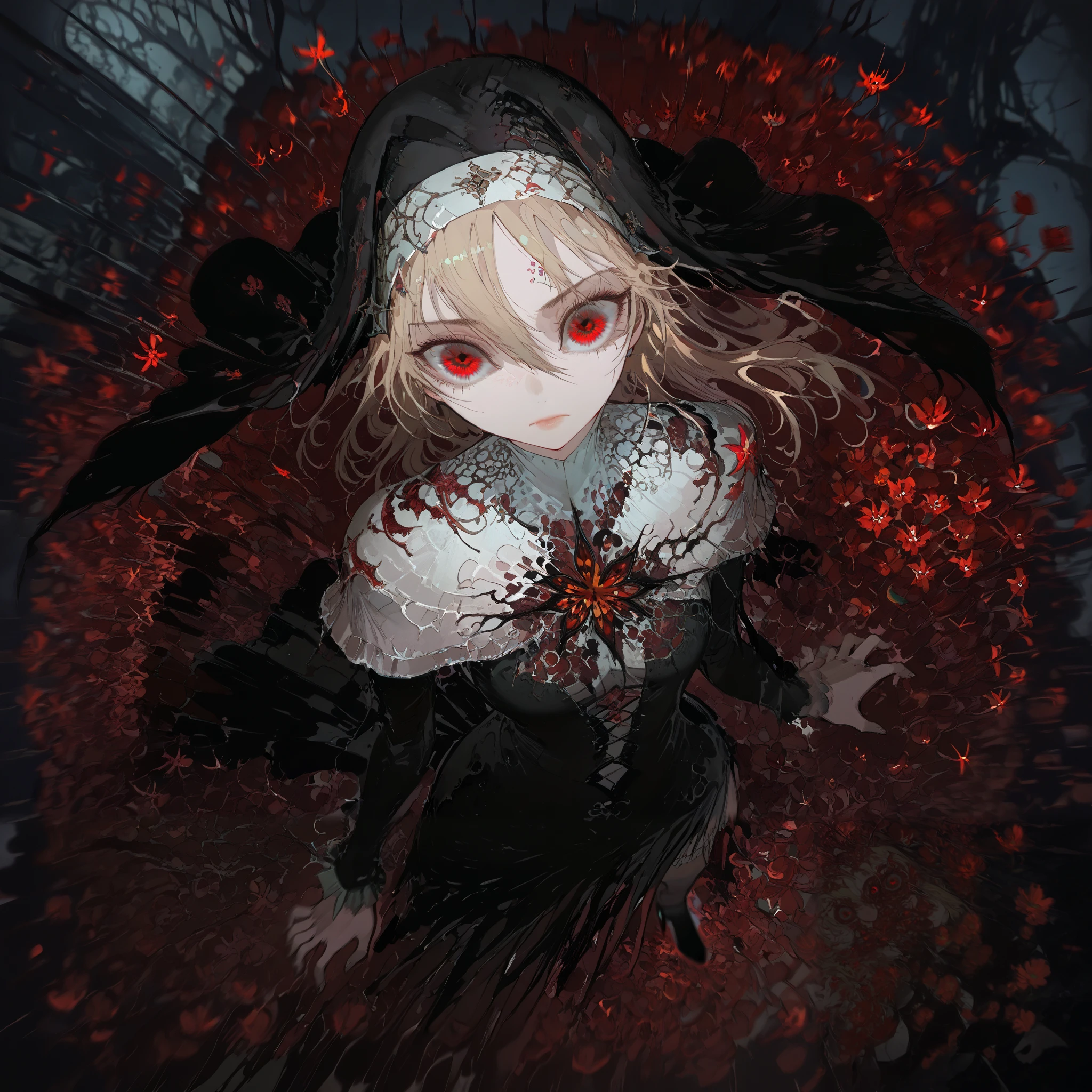 masterpiece, best quality, high quality, detailed, ultra detailed, hyper detailed, insanely detailed, exquisite, beautiful, FHD, Full-HD, 4K, 8K, 16K, highres, absurdres, disappointed, one girl , red eyes , nun , Red monastic dress , horror , slender , busty , MON style , many cluster amaryllis , blooming cluster amaryllis on the ground , solo , in Ruined Castle , desperate, determined, lonely, serious look, looking at viewer, long hair, blonde , eyes wide open, with crazy eyes, fair skin, tall , dark fantasy, dark atmosphere, gothic atmosphere, in the style of distorted, eye closeup shot, macro shot, overhead shot, high angle shot , aerial view, fish-eye lens, in focus with blurred background ,(((solo))) , inside , Satanism , look upward , correct fingers , five fingers ,