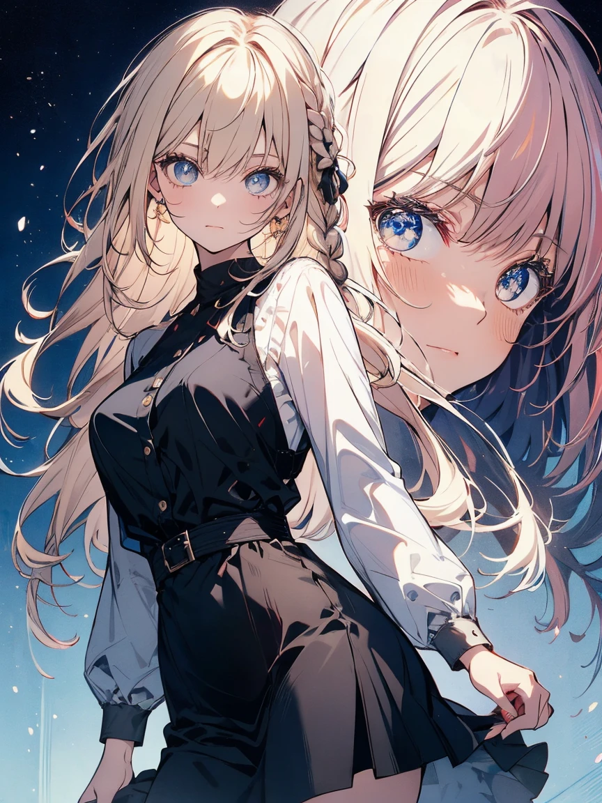 cute女の子、is short、is young、ren、Young lady、 flax-colored hair、 I have long hair、I'm doing braids in a low position、hair together、blue eyes、I'm wearing a black dress、Fair skin、cute