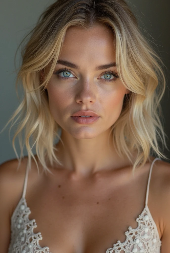 blonde woman with green eyes posing for a picture, blonde short hair, blonde and attractive features, short blonde hair, short blond hair, blonde hair and green eyes, blonde hair green eyes, short wavy blond hair, a gorgeous blonde, short curly blonde haired girl, a girl with blonde hair, short hair with gel, beautiful face and flawless skin.  Bare shoulders, bare neck.  Naked, nude.  Small breasts, b cup breasts, small nipples.  Cleavage, navel.