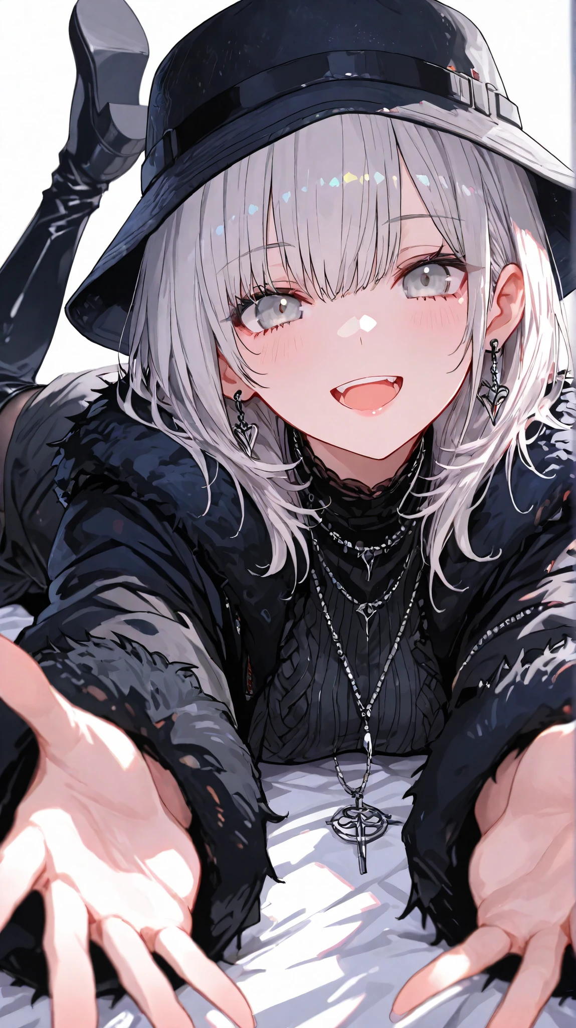 1 girl,medium hair, solo,silver hair,silver eyes,looking at viewer, (EyesHD:1.2), masterpiece, best quality, ultra-detailed, very aesthetic, sharp focus, depth of field, vibrant colors, ray tracing, best lighting, detailed illustration, detailed background, cinematic,extreme close up, necklace, earrings, black bucket hat, black Asymmetric knit dress,black boa coat,black thigh boots ,black pantyhose, on stomach, incoming hug,smile,open mouth