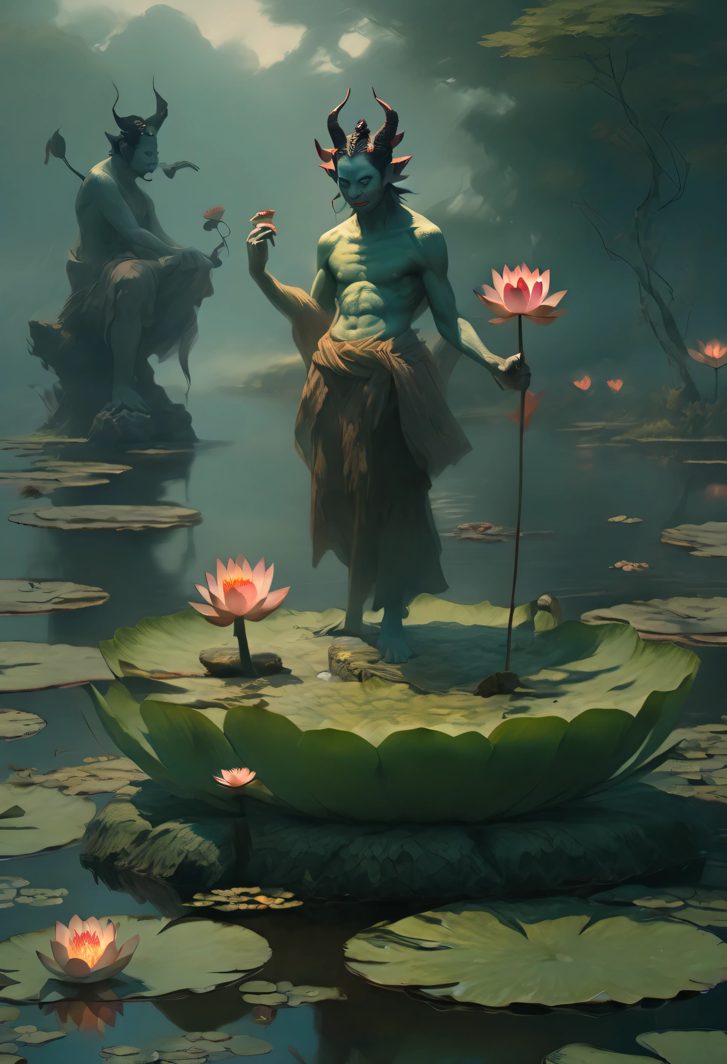 A demon posing on a water lily looking at a man on a rock