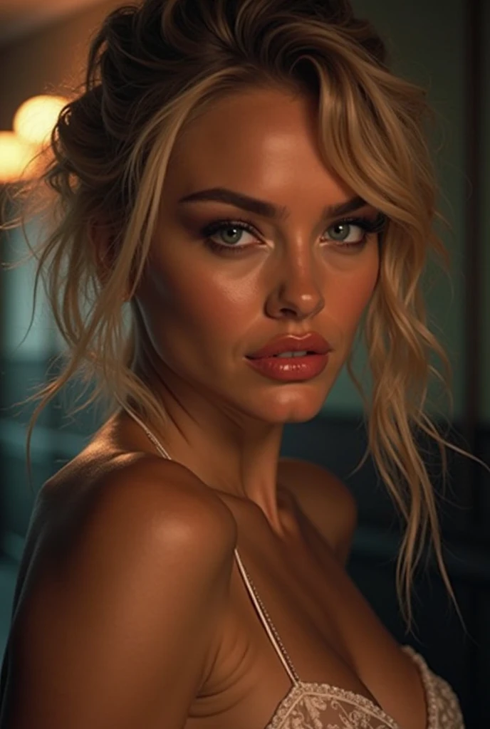 Gorgeous european woman with very short hair, short ponytail with fringe, wet hair, hair slicked back, combed straight back, slick hair, streaked blonde hair, seductive pose, margot robbie in a tight wet revealing dress, cleavage, solid dark grey background