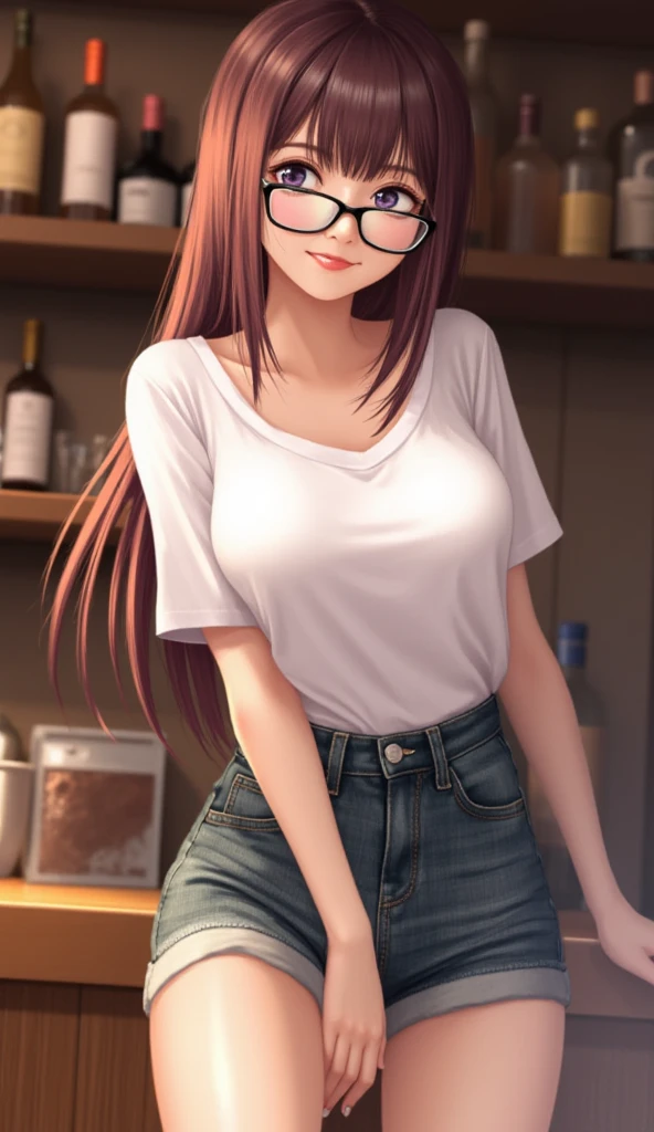 (masterpiece:1.2, Top quality),, Nice illustration, (Natural side Light, Light), 
Looking at the audience, 1 girl,Protruding nipples， wear glasses，Pink hair，White shirt clothes，jeans，Large Breasts，Sitting in the park pavilion