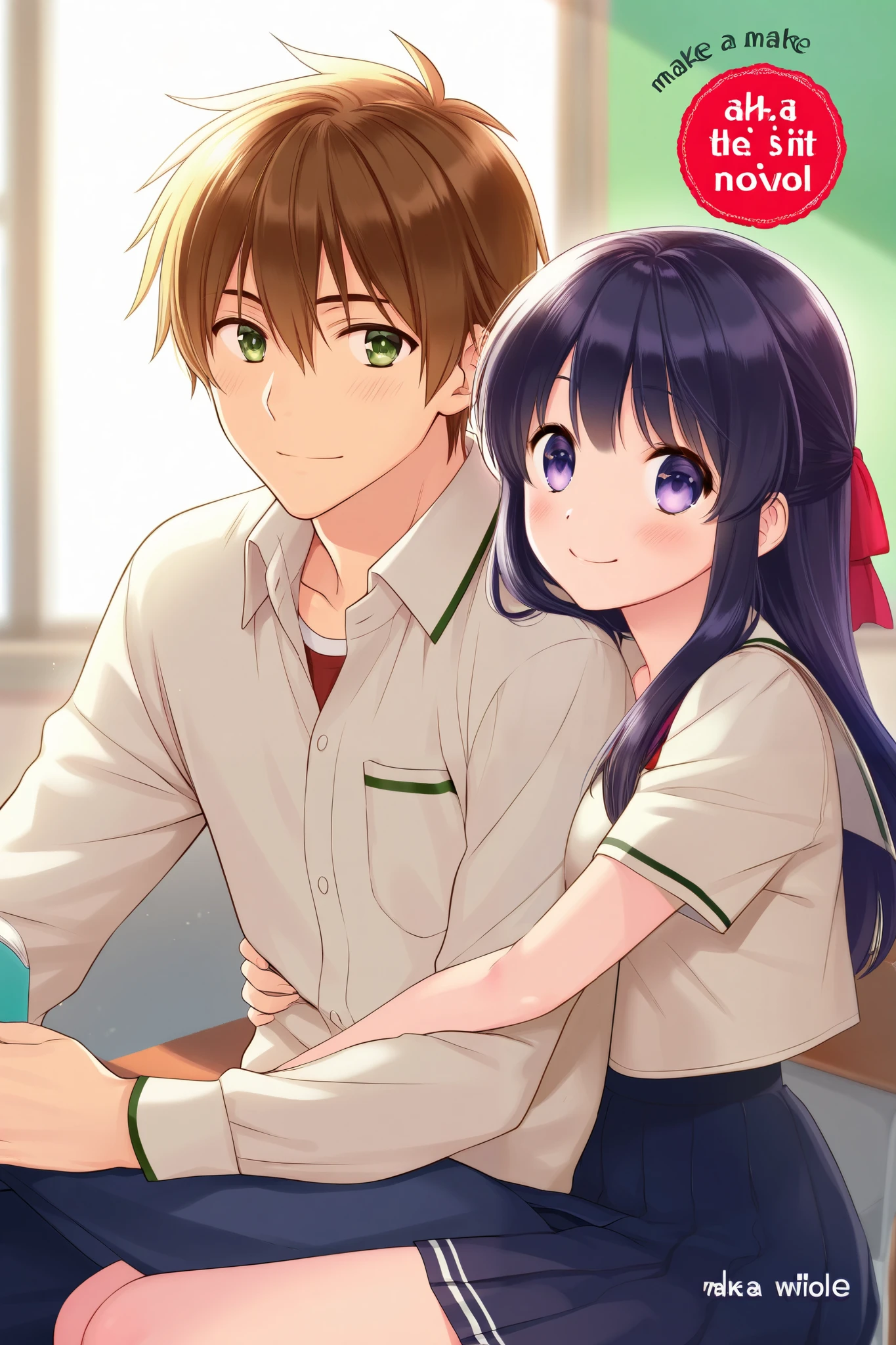 Make a cover novel about the age romance of a boy and a girl, his wife is wearing, and her background in school, Make it in Indonesian style.