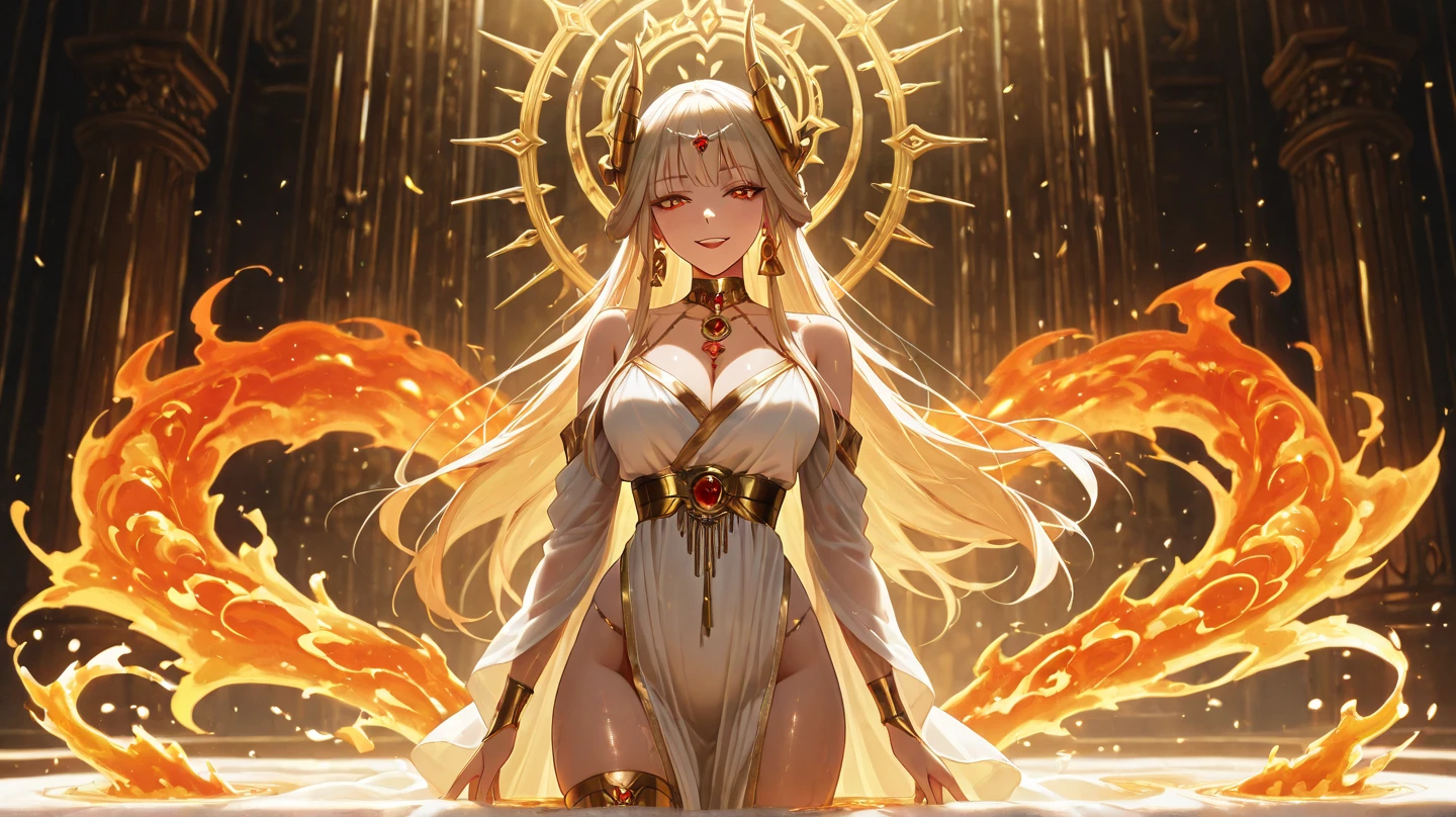Immortal goddess, super beautiful, 8k, super big breasts, meditating, light white cloth covering part of her body, sitting cross-legged, golden glowing magic circle rotating behind her, magical aura surrounding her parts, magical, fantasy, milky way background, (4  elements, fire, water, wind, earth, surround it),