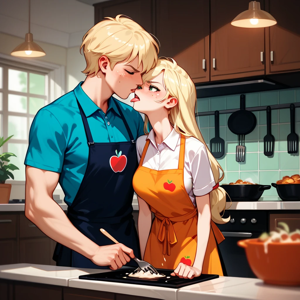check_9, check_8_up, check_7_up, 1 boy, 1 girl blonde hair, sexуальный, showing off curves sexуальный, fabulous, Caucasian, in the kitchen, smiling, Cute, in tiny panties and a top, pubic hair, Mother and son, Child, sex, kiss, sex на диване, boy inserts erect penis into girl'crotch.