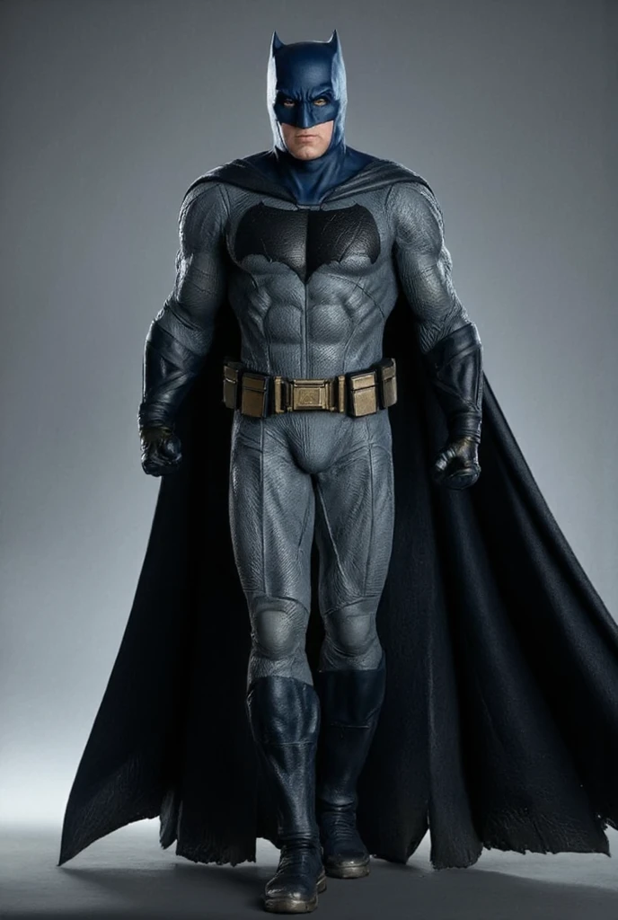 Batman wearing a simple cotton fabric, padded bodysuit with detailed stitching seams. Provide interesting but detailed seams. Black leather trunks over the bodysuit. Short purple gloves. No gauntlets and do no include fins on gloves. Take inspiration from football uniforms from the 1930s. Photo realistic.