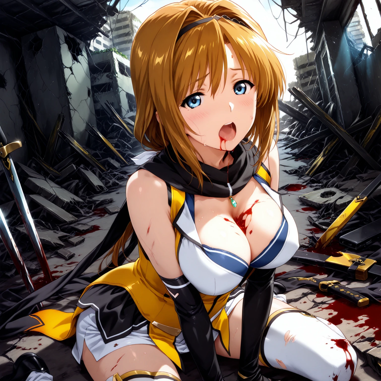 One side of the dress is torn at the chest、Dust cloud、tits、Nipples fully visible、receive damage from an attack、anime、((Battle scene in the ruins))、blush、Line art、Pencil drawing、short hair、Black Dress、Red Hair、Red eyes