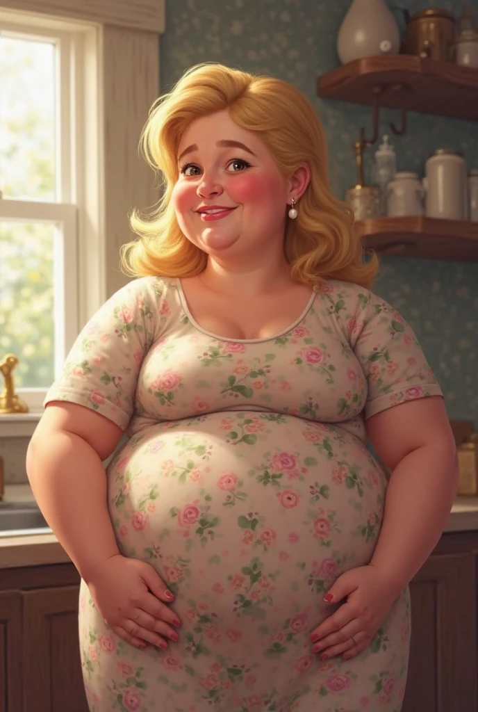 A fat girl,belly hanging out,big , depressed,in a house,cute