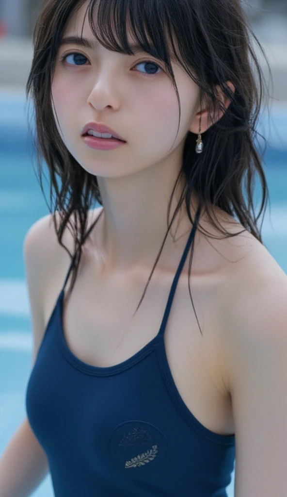 Here's the prompt:

A stunning young woman in her mid-twenties, mid-parted hair perfectly imperfect with subtle blush and goosebumps on flawless skin, textured and dry with visible details, subsurface scattering and realistic dull skin noise. Fingers appear perfect, remarkable colors emphasized throughout. She wears a vintage-inspired uniform: fitted blouse, high-waisted pants. Shot in RAW format with photorealistic quality, soft bounced lighting, upper body framing following the rule of thirds (1.3). Enhance to 128k resolution, focus on upper body, capturing every detail of her striking features: huge breasts, captivating eyes. Set against a dynamic background, she lounges by the pool's edge in an Ultra HDTV scene bathed in cinematographic light. Her detailed facial features, accurate skin texture, dark-blue eyes with double eyelids captivate the viewer. Thin eyebrows frame natural cheeks, fair skin glows beneath glitter eyeliner. Glossy lips curve into a subtle, seductive smile as she stares directly at the camera from above, tie-dyed brown hair tied in ponytail framing her face. Intimate overhead shot focuses on her captivating gaze, highlighting innocent charm and notable physical attributes.