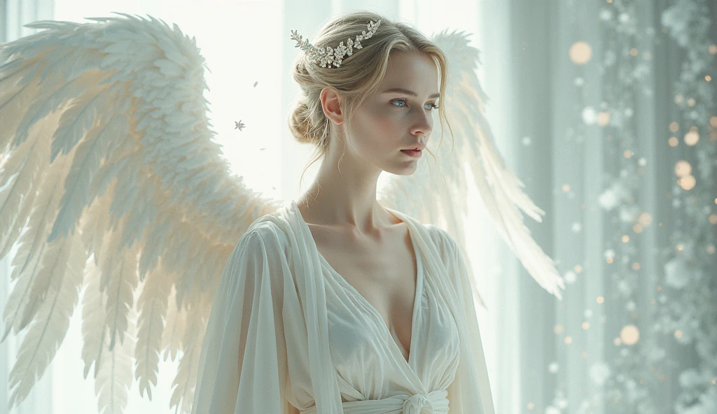 ((top quality、8k、Masterpiece:1.3))、Extremely delicate and beautiful girl,Very white skin,fiery red lips,Waist is very thin,Thighs are very thin,,White and smooth skin,Smooth and fair skin,flawless skin,Fair and shiny skin,cold white skin,The camera focuses on the chest,bright light,hair is white,A pair of huge white wings on the back,hazy light rays,hazy light rays,blurred white background,Long white dress,White hair,white hair,sad,shed tears