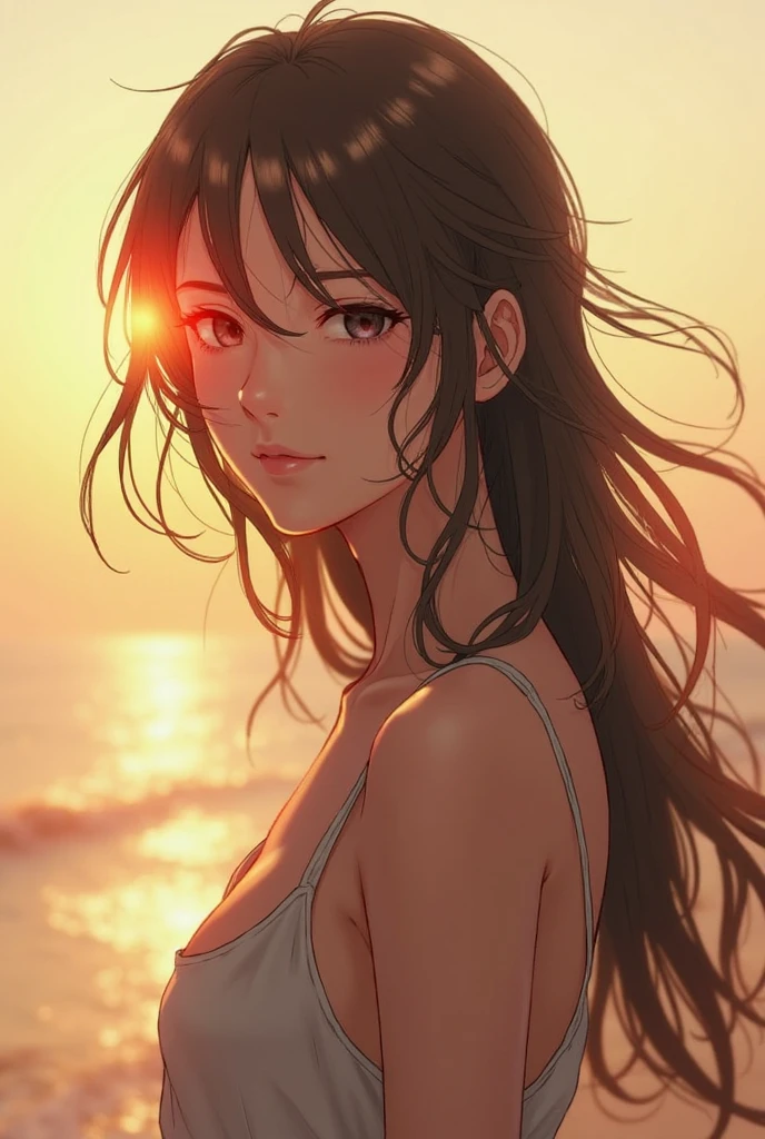 A girl is standing on the beach wore a full clothes and sunset with cheer pose and her face show affection and attraction realistic