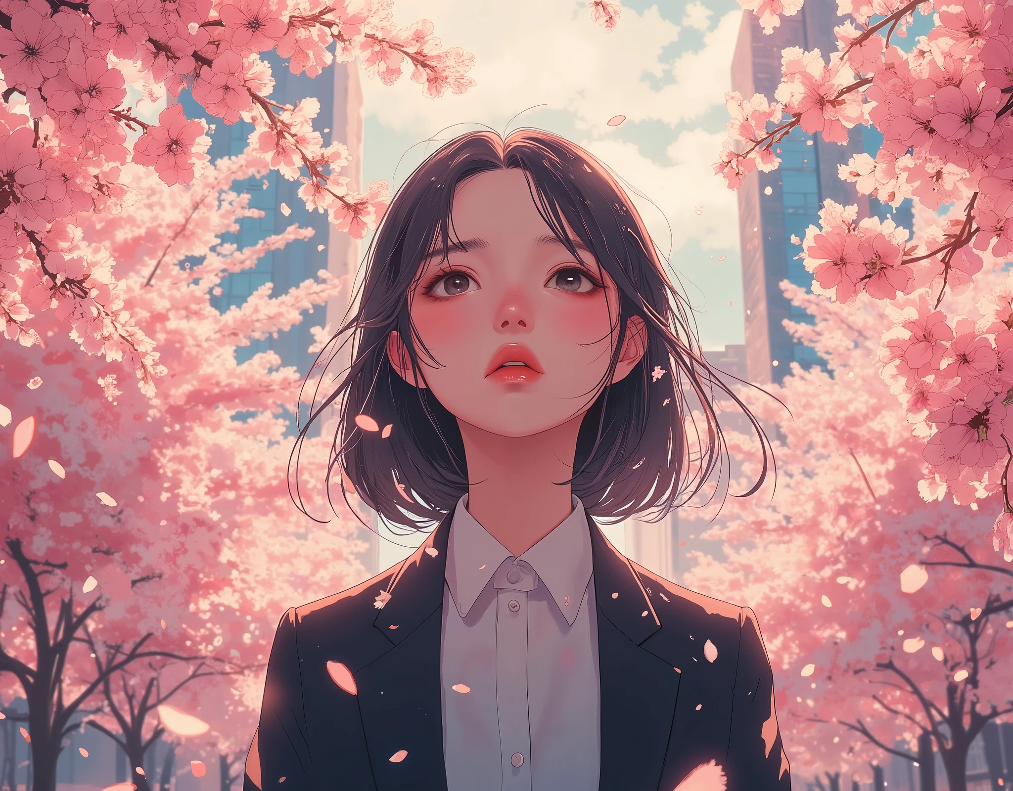 Cherry trees in full bloom々An afternoon in a Japanese city surrounded by,A young woman walking through an urban cityscape,彼女はNew social personです,彼女はnervousした面持ちの表情で空を見上げています,Beautiful cherry blossom petals are scattered as if celebrating his departure,warm sunlight shines through pink flowers、creating a warm anime-style scene,New social person,suit,Hopes and fears,depth of field,full body,modern, calm,nervous, beauty,full body