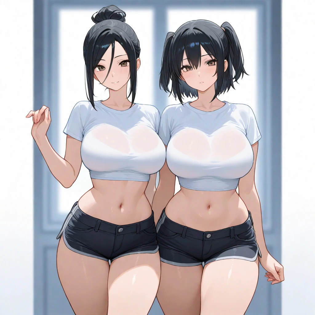 Your beautiful gorgeous sexy curvy tomboy girlfriend wearing a crop top and booty shorts,solo, blushing, grinning, accidentally cute pose, she knows you’re trying to make her fatter, she loves you, she likes being chubby,