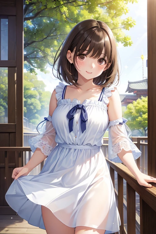 Very cute and beautiful girl standing near the window、,(White plaid summer dress with fine frills),No sleeve,Fine lace,(Skirt Lift,White panties),、(((((Fan yourself with a fan in your hand))))))、Panties are slightly visible、 (Very detailed美しい顔),grassland,wooden floating cottage, Cowboy Shot,(smile),blush,Watching the audience、、Medium Hair,Black Hair,Updo, (highest quality,masterpiece:1.2),Disorganized,High resolution,Super detailed,Very detailed,32k,8K resolution, Intricate details,Movie Scenes,Detailed Background,alone,Dynamic Angle, evening、Sunset、Natural light,Particles of light,Beautiful detailed sky,Perfect hands,