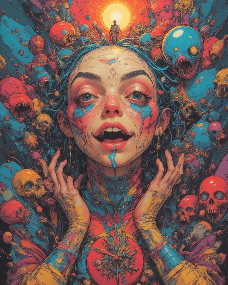 (Human skeleton holding up a photo of a girl)。Optical illusion art illustration,Bright colors,Detailed specular reflection,Realistic lighting,highlight,Portraiture,Surreal,ether,twist,Abstract,Concept Art