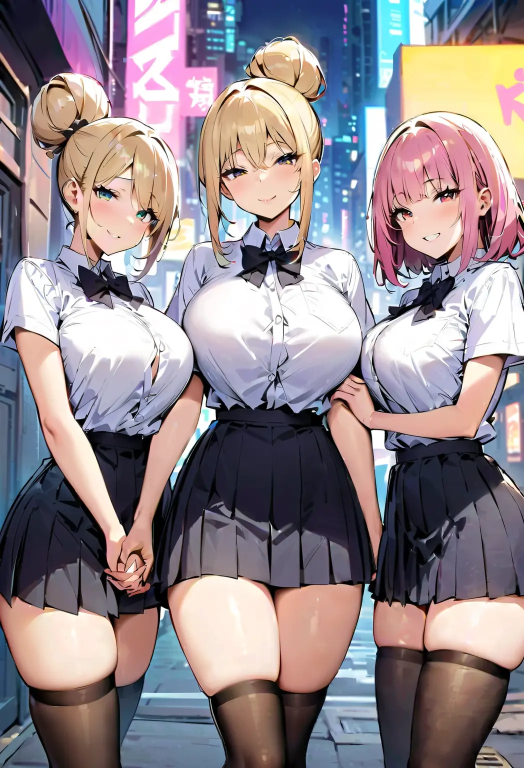 Ground view，(from bottom,from below:1.55),Cyberpunk City, Street, Night, neon light, neon sign, masterpiece, best quality, highres, JK,huge tit,3girls,black bow,black bowtie,blonde hair,bow,bowtie,breasts,hair bun,holding hands,interlocked fingers,long hair,looking at viewer,multiple girls,pink hair,pleated skirt,shirt tucked in,short hair,skirt,smile,tented shirt