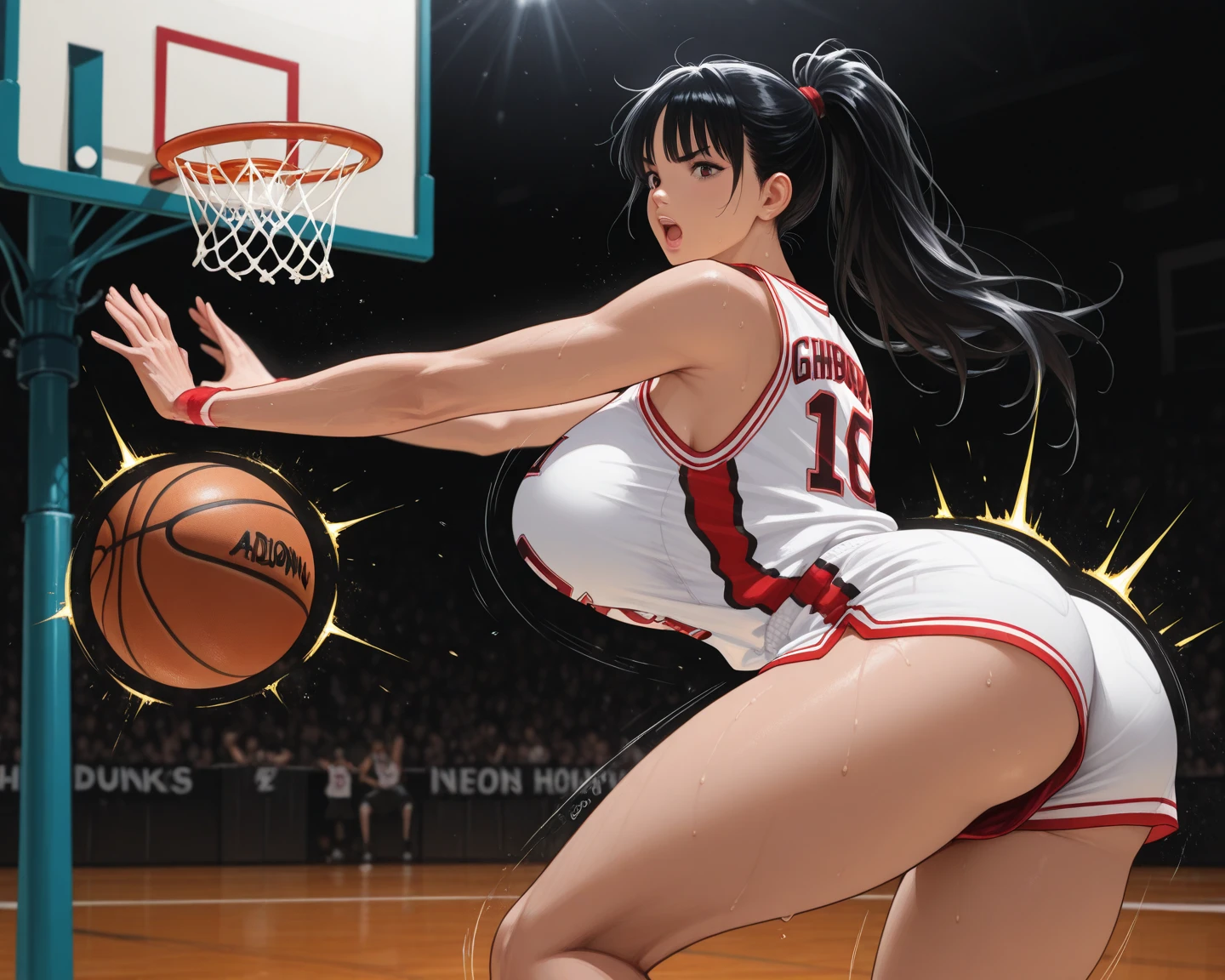 Highest quality、High resolution、Detailed Background、Beautiful Face、High detail、(Perfect Anatomy, Perfect Style)、(Detailed facial expressions)、(fine grain:1.2)、 Beauty、(very wide shot:1.5, full body:1.4), One Girl、, Cute black hair、Braided Bob, Braided, clear, deep blue eyes、Braided Ponytail, Braided bob cut, Basketball game in the gym, jumping:1.5, dunking:1.5, brake, Incredible jumping ability:1.5, Suspended in the air in a shooting position:1.5, Incredible jumping power and long flight times, ((aerial view:1.5, shoot from behind:1.5, looking away)), (Bright red basketball uniform:1.5, White Line、Same color above and below, No sleeve:1.5, Shorts, High-cut basketball shoes)、(armpit:1.2), ((large breasts:1.2, pointy breasts:1.2, high breasts:1.2)), Throw a basketball held above your head into the top of the goal, Dunk Shot、The goal ring is 3m above the ground.