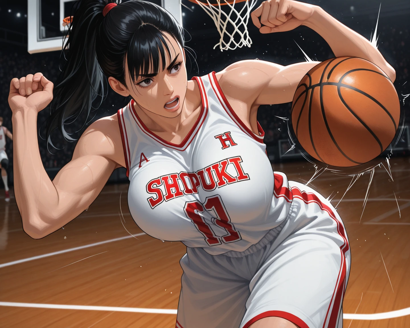 kaori,brown hair,brown eyes,short hair,surprised,
volleyball uniform,tongue out,number 7, red shorts,
standing,upper body,leaning forward,
indoors,
(insanely detailed, beautiful detailed face, masterpiece, best quality),solo,<lora:Kaorii-12WW3dcg:0.8>,