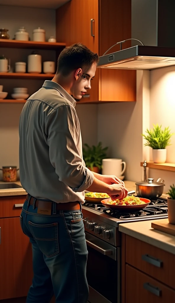 Homem jovem loiro, enfatizar sem camisa. Scenery must be cooking, em uma cozinha de luxo.