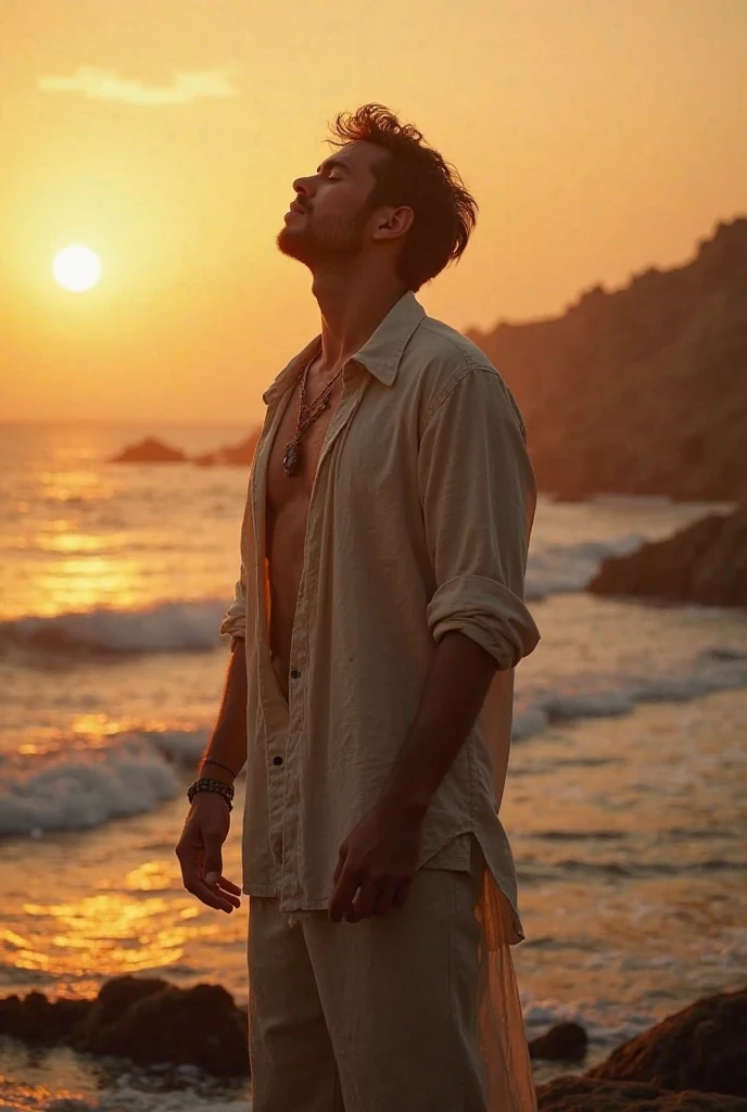 Can you give a picture of a distressed male singer singing arabesque with his lips closed as the sun sets by the sea at the seaside 16:9 format