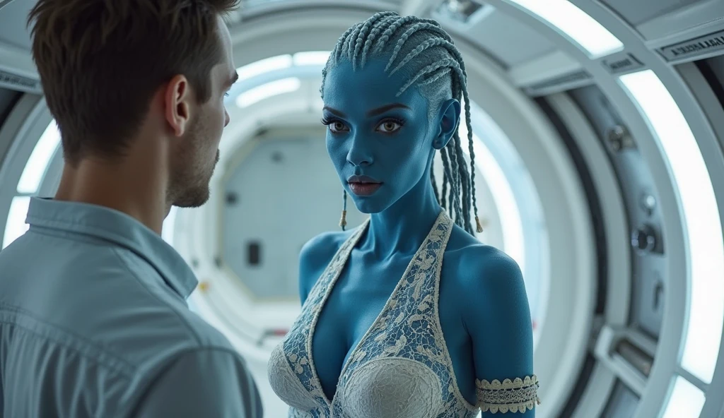 A blue female Humanoid Alien, beautiful detailed eyes, beautiful detailed lips, extremely detailed eyes and face, long eyelashes, tight space uniform, midriff, cleavage, sexy, blue skin, alien spaceship, moody dramatic lighting, looking down at viewer, cinematic composition, photorealistic, 8k, hyper detailed