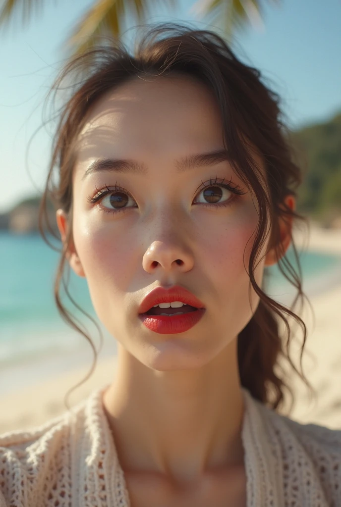 Photo of a woman who is shocked but her mouth is closed her lips are red, on a light background , background sea and beach
