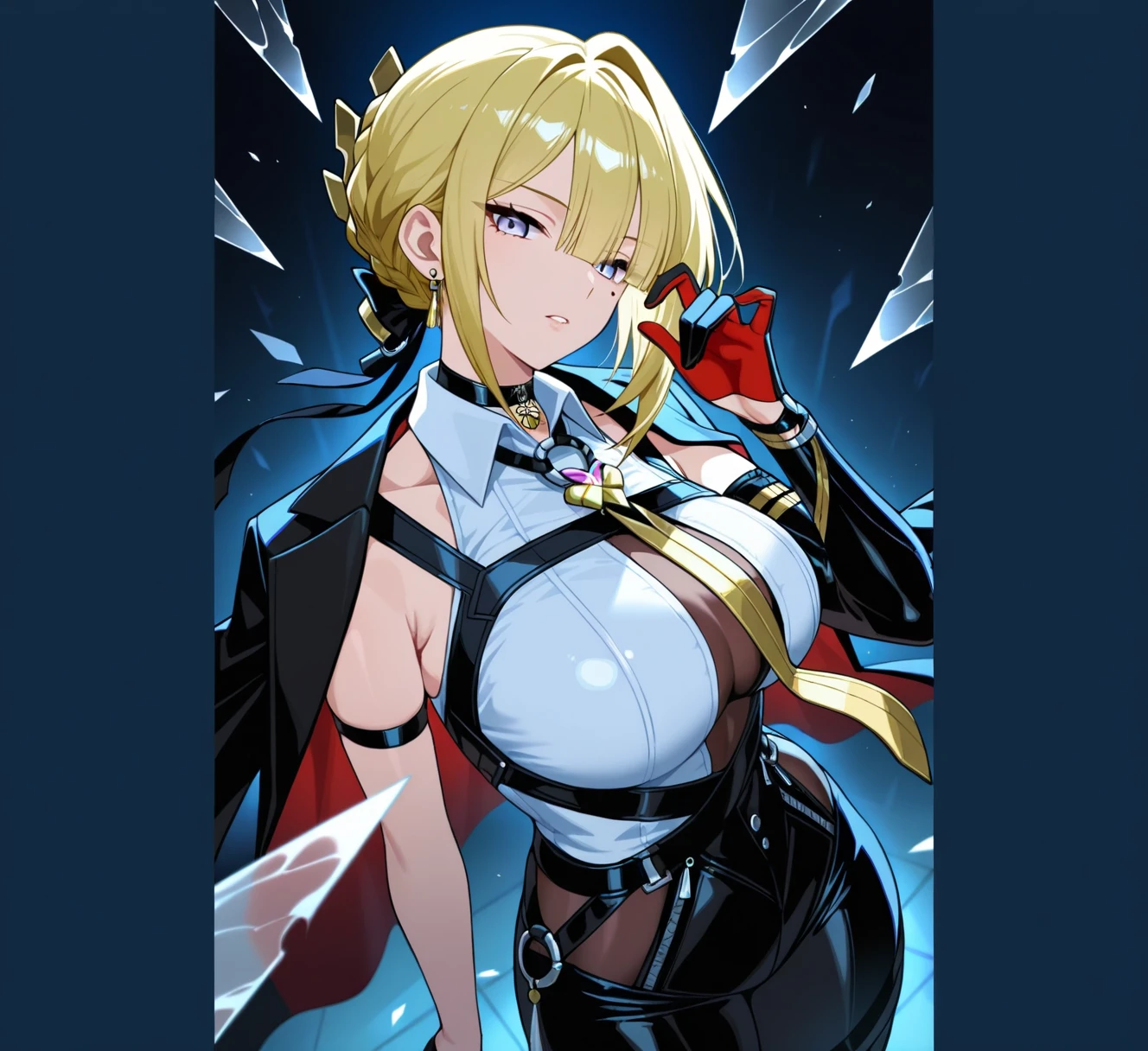yellow hair, short hair, braid, 1girl, solo, breasts, large breasts, thighhighs, gloves, long sleeves, holding, cleavage, weapon, boots, parted lips, puffy sleeves, shiny, sword, spread legs, black footwear, holding weapon, high heels, covered nipples, leotard, lips, clothing cutout, thigh boots, highleg, holding sword, cleavage cutout, squatting, katana, robot, juliet sleeves, highleg leotard, high heel boots, shiny clothes, white leotard, thighhighs under boots, feather trim, feather-trimmed sleeves, leather boots, hollow eyes, purple eyes, lips, cheek, expressionless, glaring eyes, upper teeth,