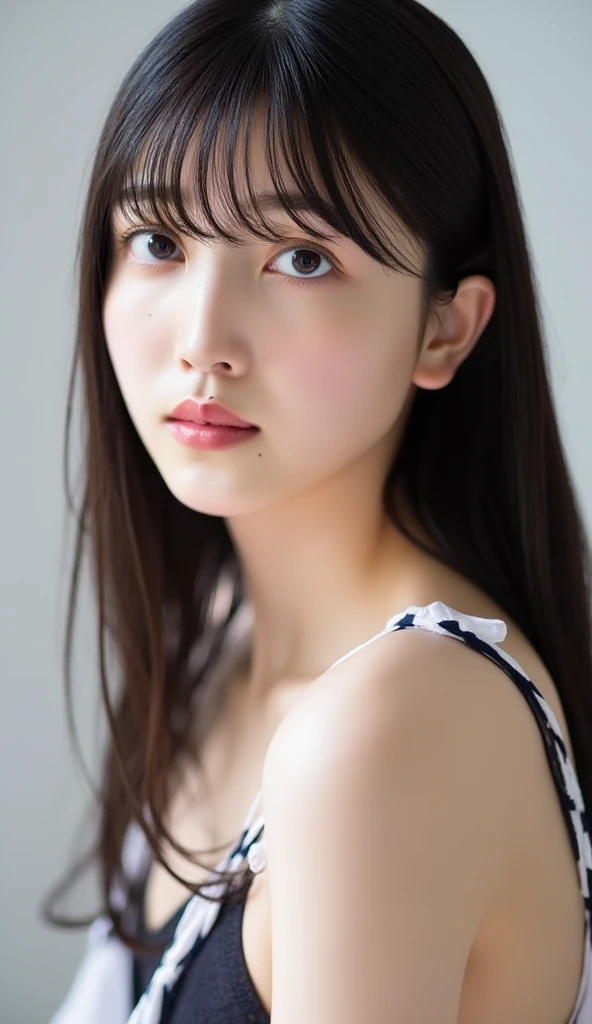 masterpiece, highest quality, 16k, 1 girl, correct human hand, correct human fingers, japanese girl, close up of face, cute, girly, delicate girl, pure beauty, (big breasts:1.0)、saggy breasts、soft chest、(deep cleavage:1.0)、, sexy lips, luminescence, look away, Raw photo, f/1.8, 135mm, nikon, anatomically correct, rough skin, professional photography, portrait, soft light, professional lighting, Backlight, film grain, (Eye and face details:1.0), brown hair, long hair swaying in the wind, bangs、(dark blue lace bra、Dark blue lace panties)、(Beautiful smooth thighs:1.4)、(from head to thighs)