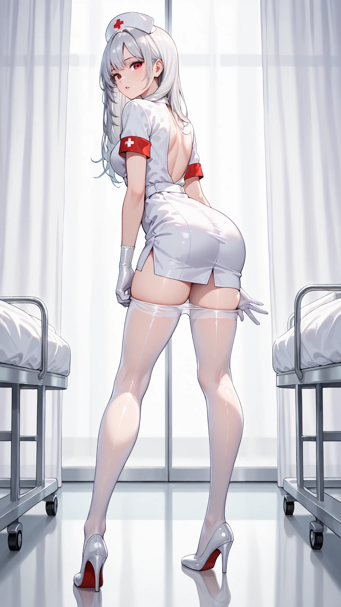 ((Highest quality)), ((masterpiece)), (detailed), One girl, Completely naked、Gray Hair、Flushed face、Mouth wide open、Beautiful big breasts、Big Ass、Sweat a lot、stare、(Kneel)、(View from behind)、Open your armpitany bandages wrapped around the body、White Hospital Room、Bandages cover big breasts、large calf
