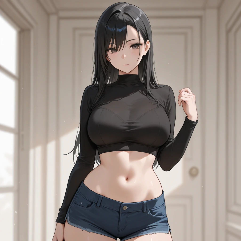 A woman with very long black hair and (very long bangs:1.5), wearing hoodie and gray jeans, pantyhose, standing. The artwork is inspired by manga and incorporates a doujin style. The woman appears to be (wetting herself:1.5), which causes her to feel embarrassed and humiliated, resulting in a blush on her face. In addition, there is an air of anger in her expression. The lighting in the scene is moody, with a spotlight highlighting the woman's figure. She is crossing her arms, (arms crossed:1.5), fully showcasing her jeans., large breasts, navel, mound of venus, groin, cleavage