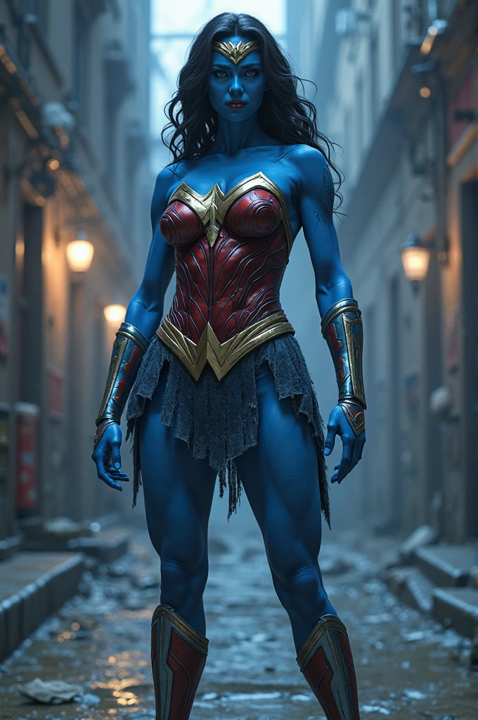 close-up, mulher (wonderwoman suit), (((Emphasis on character Neytiri from the movie Avatar with total blue skin))), fotorrealista, ultra-detalhado, detalhes intrincados, super detalhado, volumático, HDR, Realistic, Motor irreal, 16k, foco nítido, octan render, da mais alta qualidade, Foto RAW, cinematic composition,
