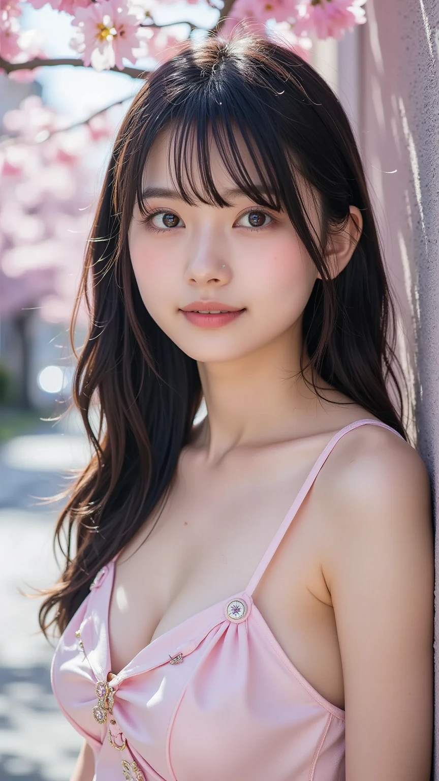 RAW photo, (best quality, 8k, 32k, masterpiece, UHD:1.2), ultra high resolution, (pretty a Korean teen girl of 13 years old), beautiful detailed eyes, long brown hair, bangs, (wearing magenta tank-top), large breasts, cleavage, portrait, (crowded city boulevard on a bright sunny day:1.2)