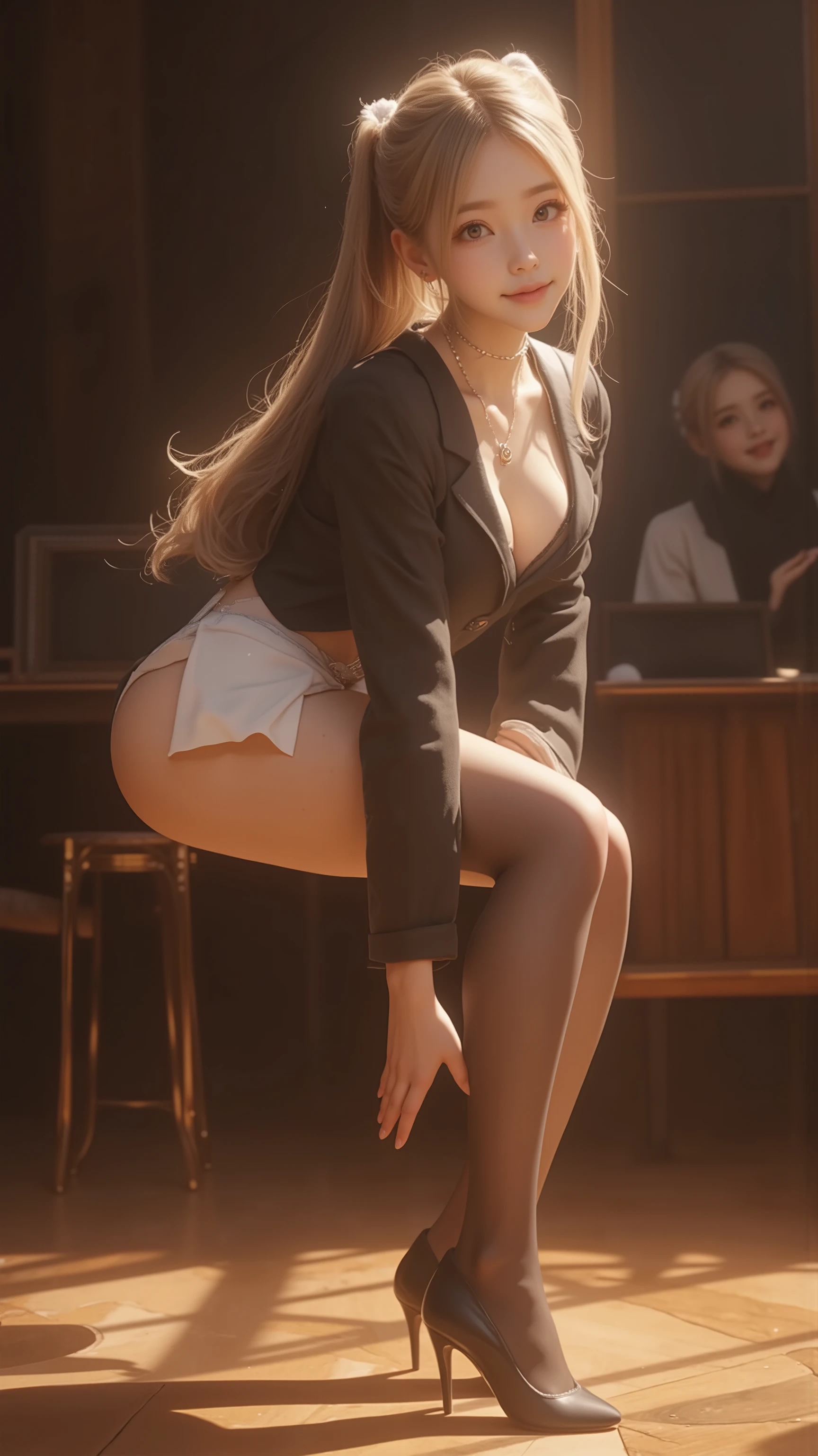 ((full body))((full body))(( showing the whole body from head to toe ))((floor))(( masterpiece, Top Quality, HIGH RESOLUTION, highly detailed CG unified  8,000 wallpaper, 未经处理的photo, 详细的full bodyphoto))，（side），一只腿踩在floor上一只腿踩在台阶上，bend over，Reach out one hand and touch the leg，black striped stockings,( 8,000 Ultra HD、DSLR、Soft Light、high quality、Volumetric Lighting、frank、photo、HIGH RESOLUTION、4K、 8,000、Bokeh)，(detailed eye and facial details， warm color , Very Saturated，to show a charming smile, perfect face, pretty face,  dark eyes ，  Clear Skin Visible ,  white zepi ，cosmetic,  necklace, Jewelry，Hair accessories)，(Create stunning images of real girls, Warm light,  dynamic pose,  Elegant posture , cowboy lens,   looks very confident from the front  ，facing camera，standing， Slightly spread legs ， golden ratio graphic， Minimalist, ), （Learning background）, Russian schoolgirls，light blond hair、Gradient Hairstyle，（sexy， Perfect breast shape 、 very detailed breasts ， 34E Cup ），（High waist， waist hollow ，Levan ），（Smooth knee-high socks 、garter、腿部garter）