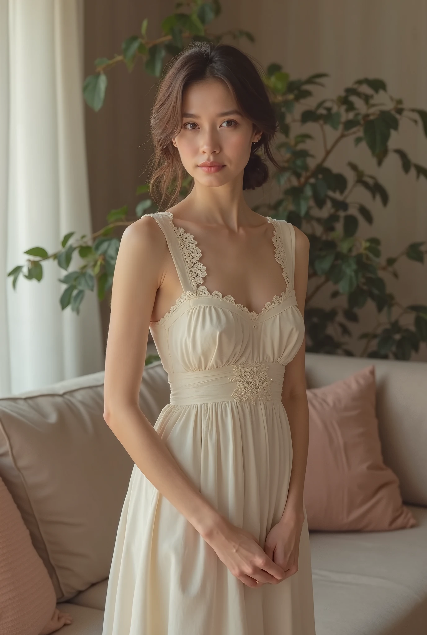 A captivating 35mm film photograph captures a Japanese woman with long, flowing hair, wearing a delicate lace tank top. Her expression is serene, and she appears to be in a dream-like state. The background is softly out of focus, creating a dreamy, ethereal atmosphere within a beautifully decorated room, reminiscent of the divine femininity often seen in goddess imagery. The overall effect is enchanting and evocative, inviting the viewer to step into this dreamy world.