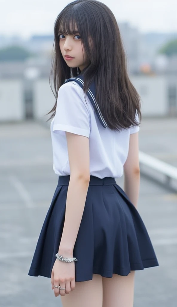 staring intently at the viewer,masterpiece, (4K quality,8K quality, super high resolution), intricate details being spied on, alone, 1 girl,flat chest:1.9,(White Short Sleeve Sailor Suit), (slim figure:1.3,  thin legs:1.2,tiny butts:1.4), white skin, Detailed Faces, detailed eyes, sophisticated nose, (PERFECT ANATOMY, anatomically accurate),High school rooftop,(( stick your butt out and lean forward)),(navy blue school uniform pleated miniskirt,,A skirt short enough to show your butt),(Detailed thong in the skirt:1.4),