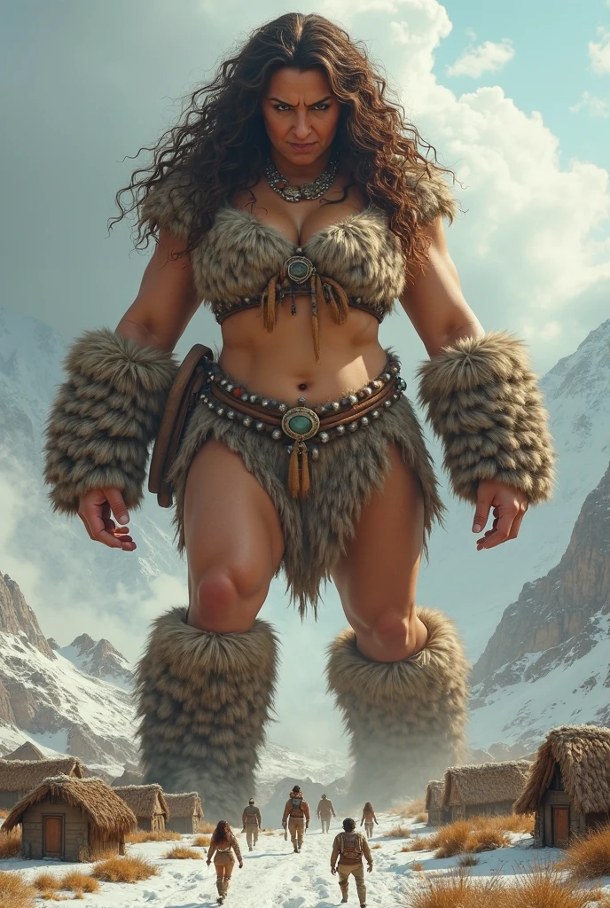 pregnant chubby barbarian woman slays monster winter victory pose