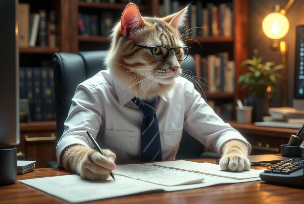 ((masterpiece, highest quality, Highest image quality, High resolution, photorealistic, Raw photo, Extremely detailed CG unified 8k wallpaper)),
Office Cat, 
A cat sitting at a work desk, on the phone in front of a computer, holding the receiver in one hand and writing a note with the other,