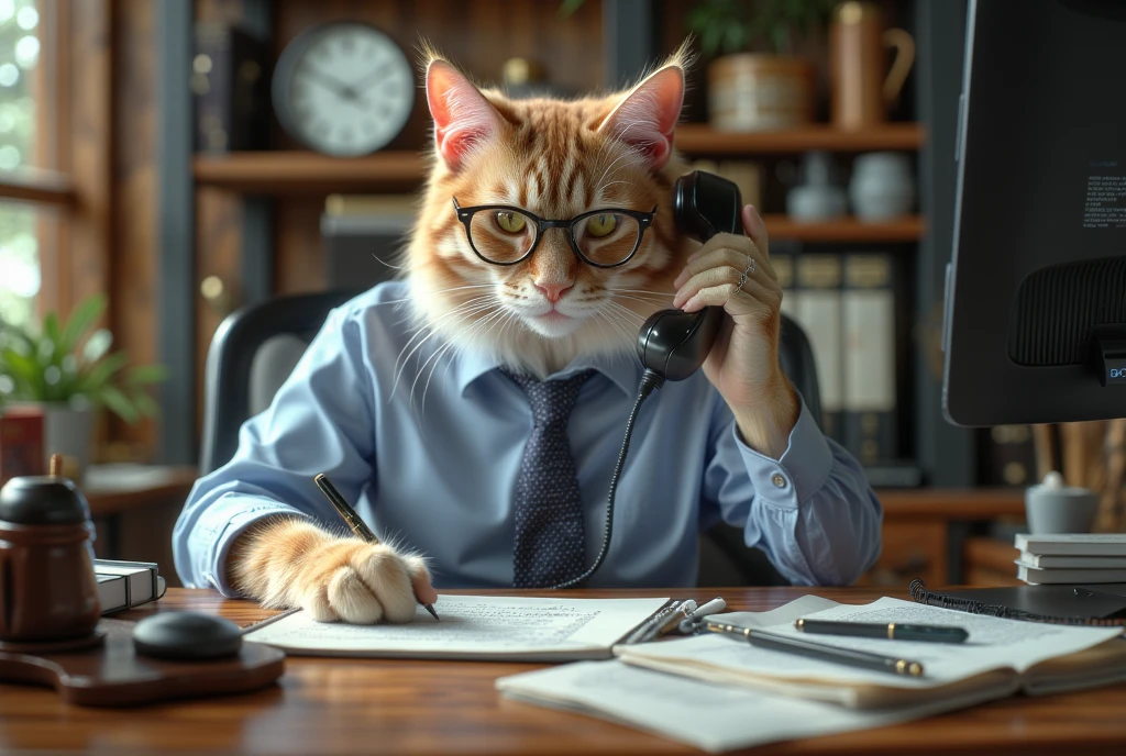 ((masterpiece, highest quality, Highest image quality, High resolution, photorealistic, Raw photo, Extremely detailed CG unified 8k wallpaper)),
Office Cat, 
A cat sitting at a work desk, on the phone in front of a computer, holding the receiver in one hand and writing a note with the other,